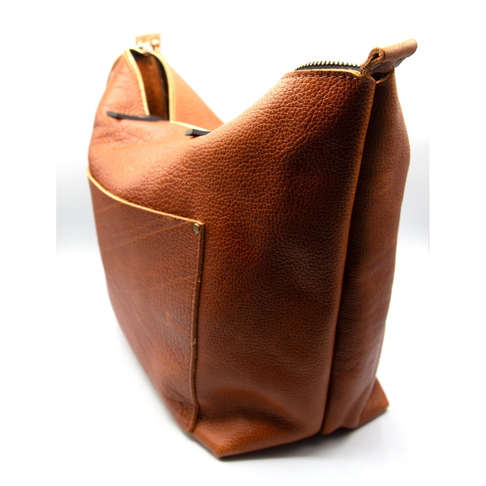 Portland Leather Tote Bag Cognac Brown Pebbled Zipper Top Shoulder Bag Large - Picture 6 of 11